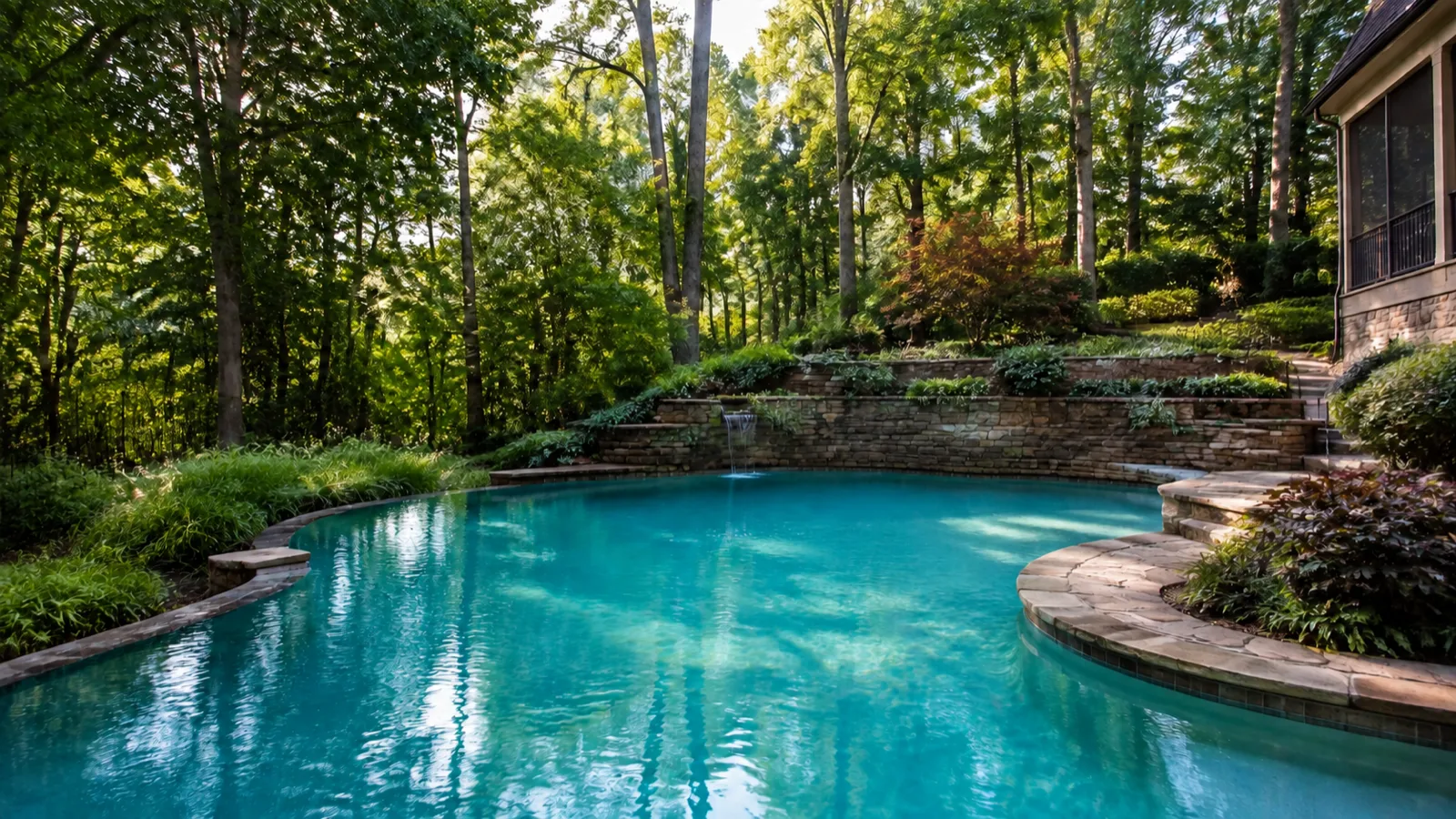 A clean freeform backyard swimming pool with stone coping, surrounded by mature trees