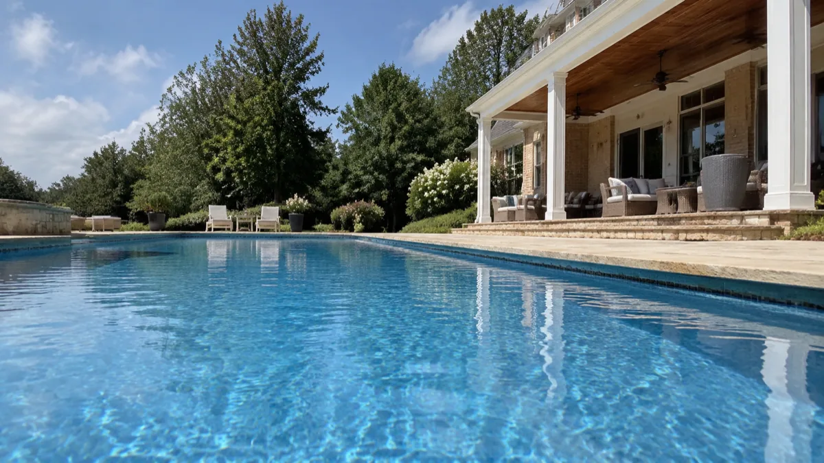 A well-maintained pool beside a covered patio in a Birmingham-area backyard
