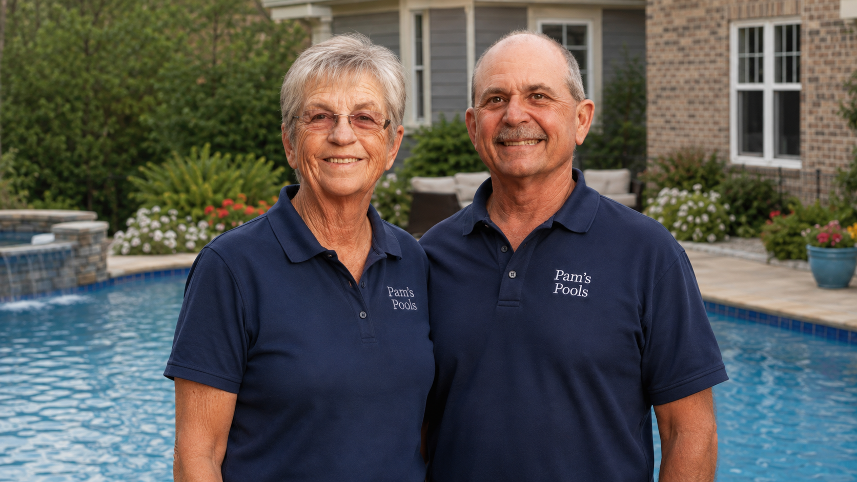 Pam and Michael, owners of Pam's Pools, standing beside a backyard pool
