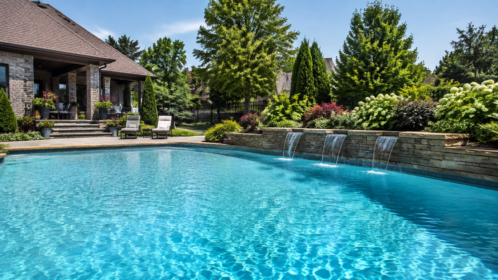 A clean freeform backyard swimming pool with stone coping, surrounded by mature trees